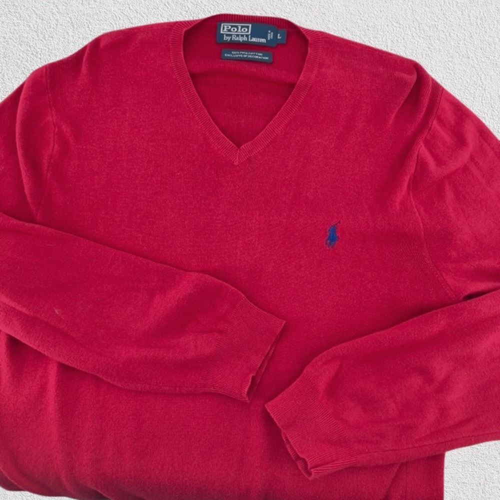 Polo Ralph Lauren Pima Cotton V Neck‎ Sweater Red Men Large Preppy Valentine